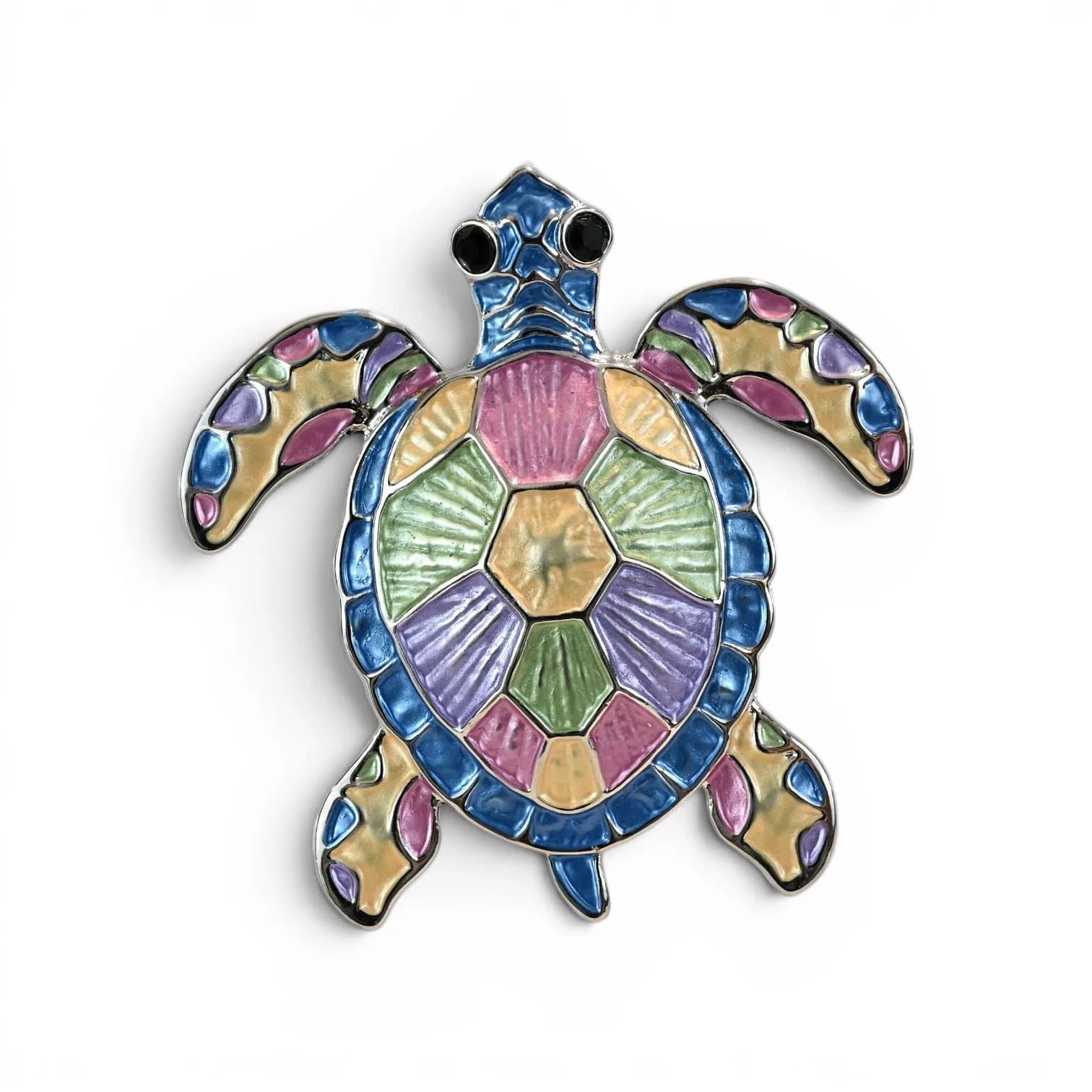 Broche Tortue Marine Multicolore Aimantée en Acier Argenté
