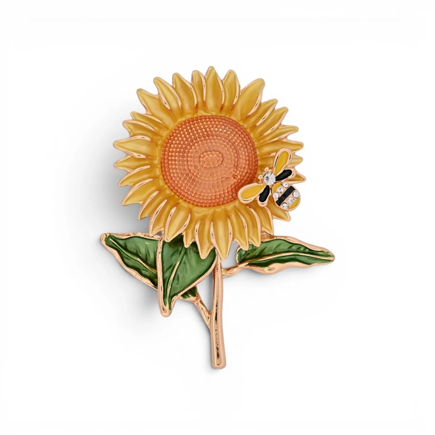 Broche Tournesol Aimantée en Acier Doré avec Petite Abeille, 7 x 5,5 cm