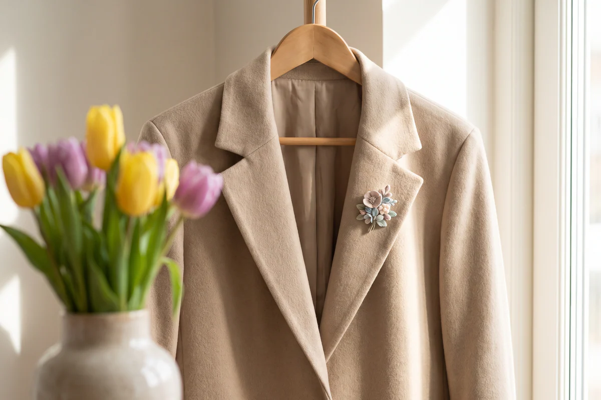 Accesorio floral magnético sobre una chaqueta junto a tulipanes de primavera