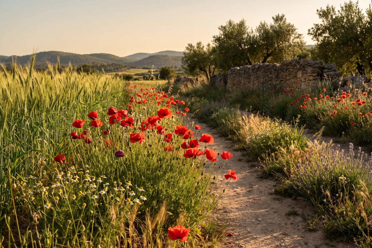 Amapolas rojas junto a un camino rural entre cereal