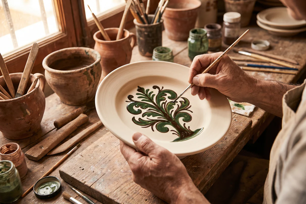 Artesana decorando un motivo vegetal inspirado en la cerámica medieval española