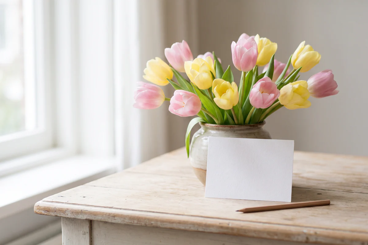 Roze en gele tulpen naast een leeg kaartje op een houten tafel
