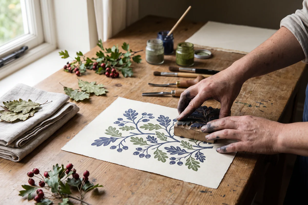 Printmaker creating an original branching botanical pattern in an Arts and Crafts studio