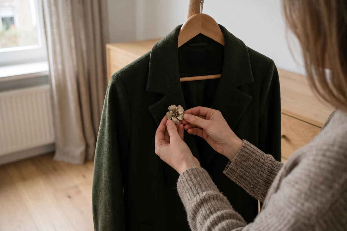Vrouw vergelijkt een broche met een donkergroene mantel