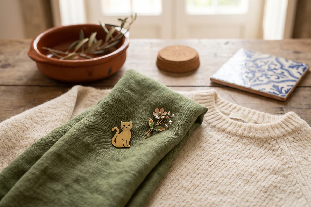 Broches de gato e de flor ao lado de um lenço verde e de uma camisola clara