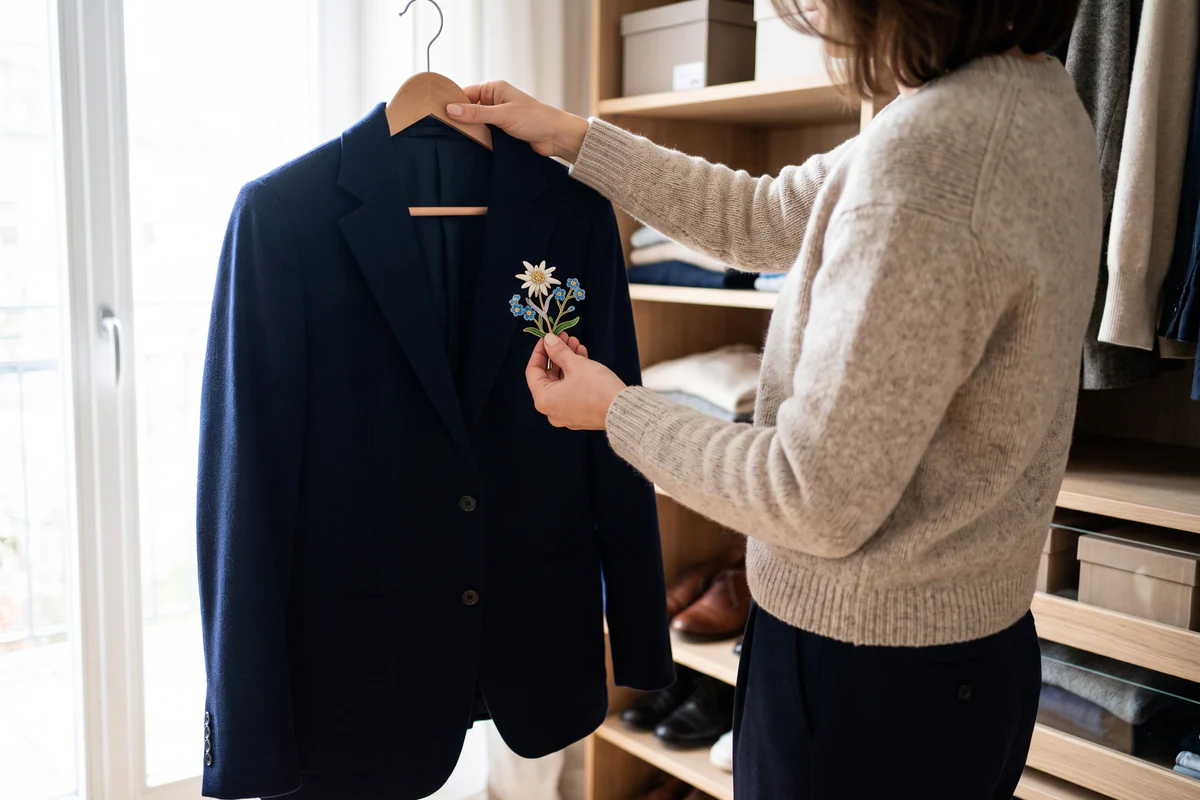 Frau vergleicht eine Brosche mit einem blauen Blazer