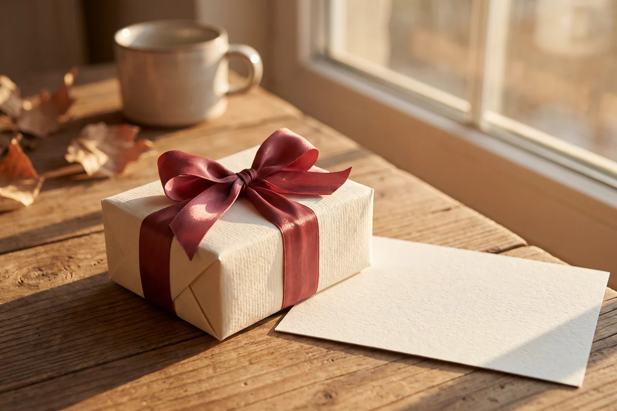 Petit paquet cadeau au papier crème avec une carte vierge et un ruban rouge