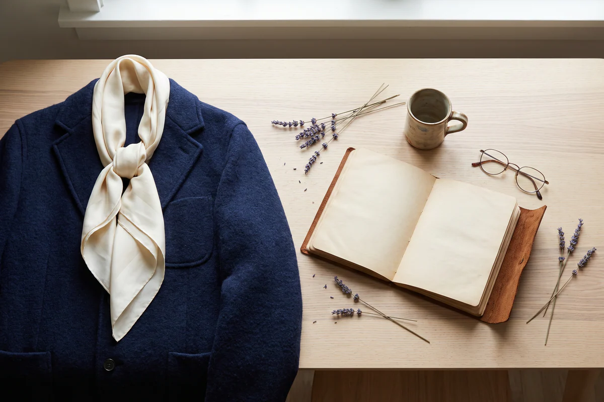 Veste bleu nuit et foulard crème posés sur une table en bois clair