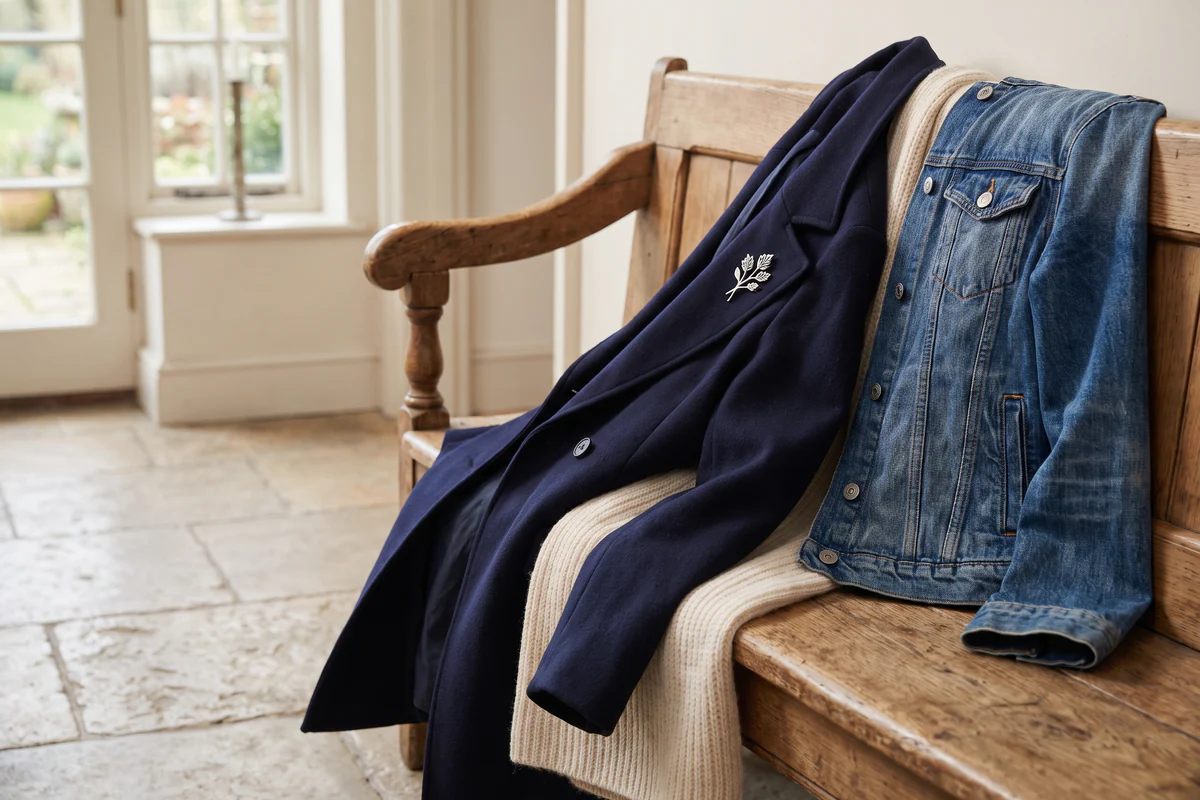 Navy wool coat, cream scarf and denim jacket arranged for choosing a brooch gift