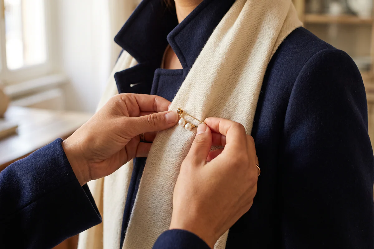 Mani che posano una spilla senza marca su un foulard crema e un cappotto blu