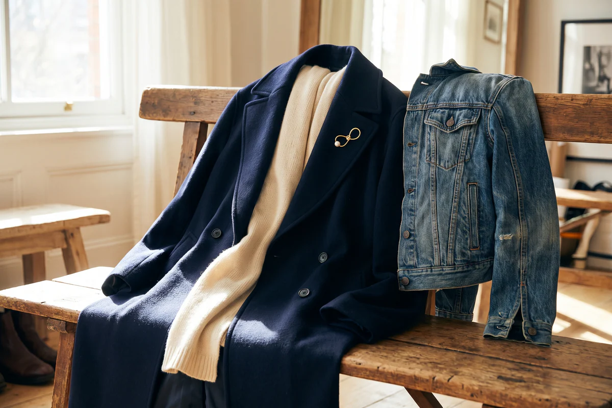 Cappotto blu, foulard crema e giacca di jeans per scegliere una spilla regalo