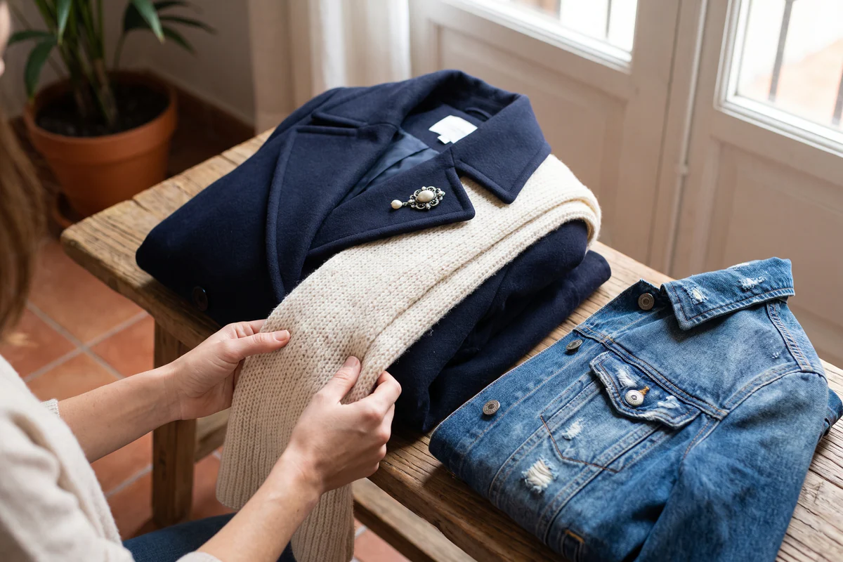 Abrigo azul, pañuelo crema y chaqueta vaquera para elegir un broche de regalo