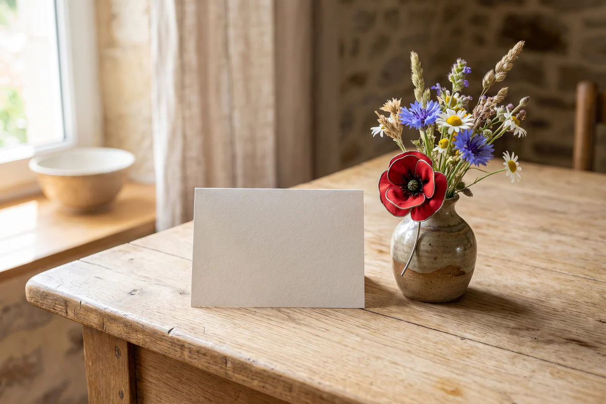 Une carte vierge près d’un vase de fleurs des champs