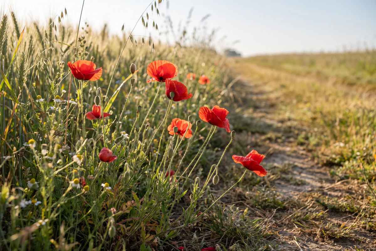 Des coquelicots rouges au bord d’un chemin de campagne