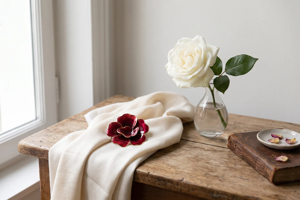 Détail floral rouge près d’une écharpe crème et d’une rose blanche