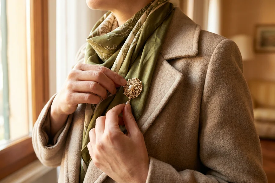 Mani che sistemano una spilla su due strati di foulard