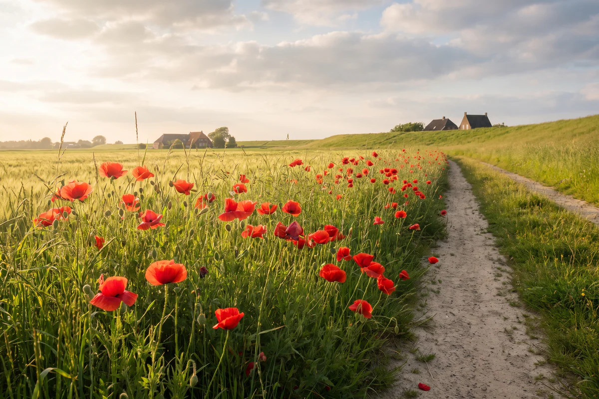 Rode klaprozen langs een rustig pad aan een Nederlandse akkerrand