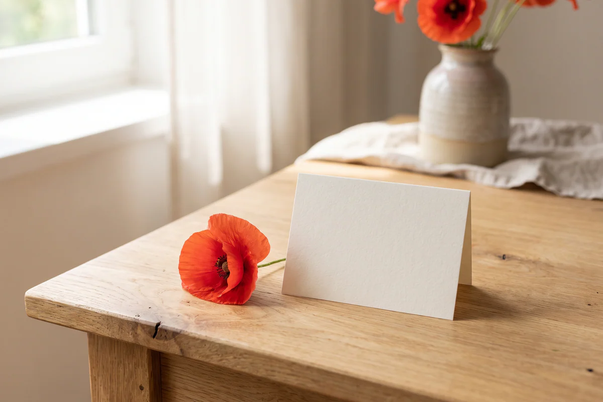 Rode klaproos naast een lege wenskaart op een lichte houten tafel