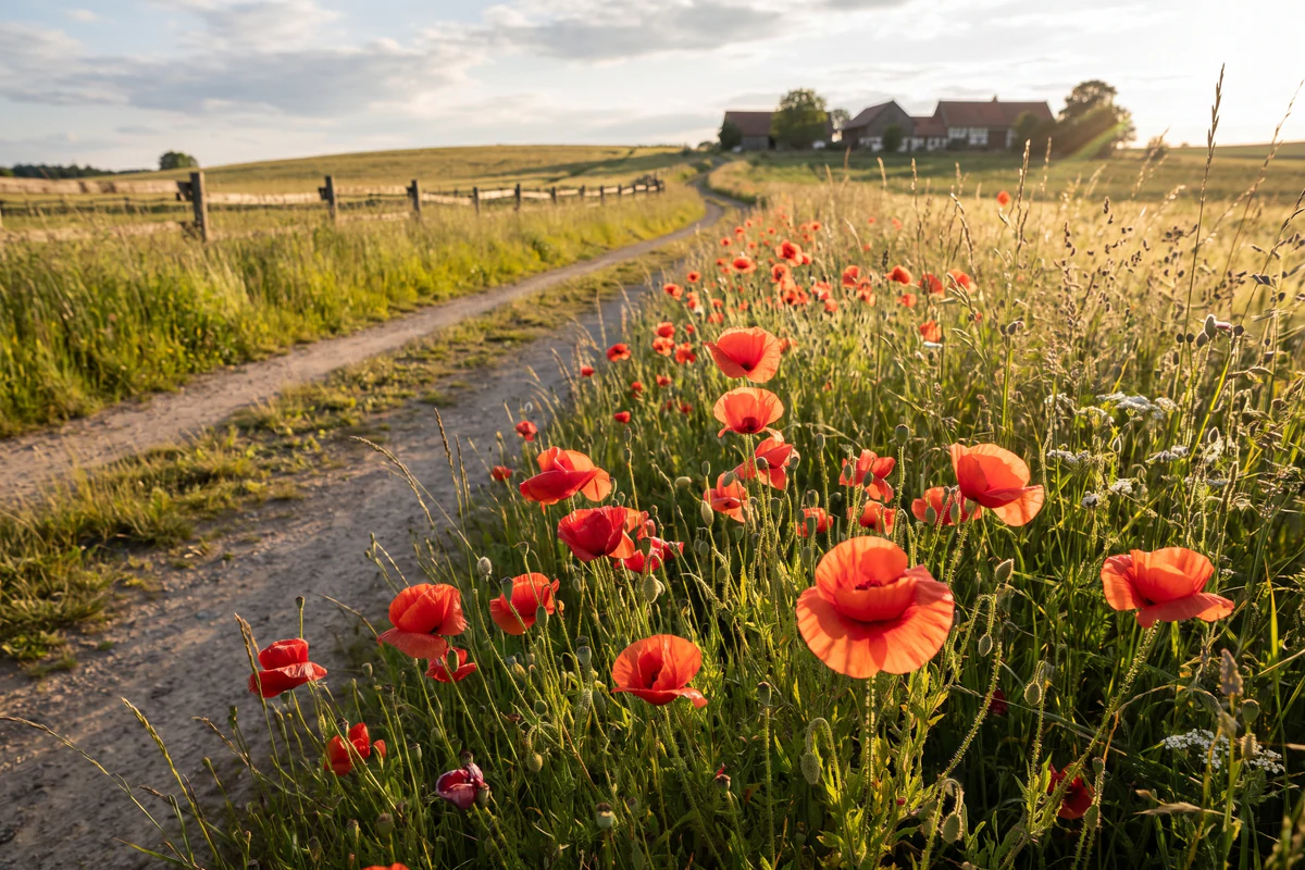 Rote Klatschmohnblüten an einem Feldweg zwischen Gräsern