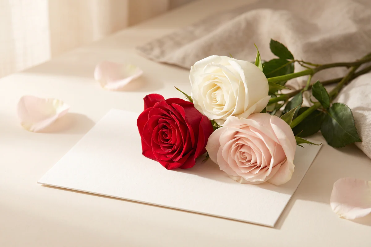 Roses rouge, blanche et rose posées près d’une carte vierge