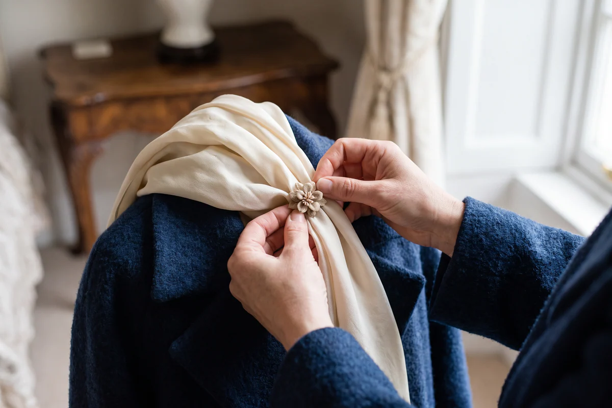 Mains plaçant une broche sur deux pans de foulard crème