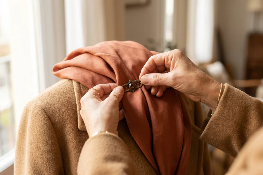 Manos colocando un broche sobre dos capas de pañuelo