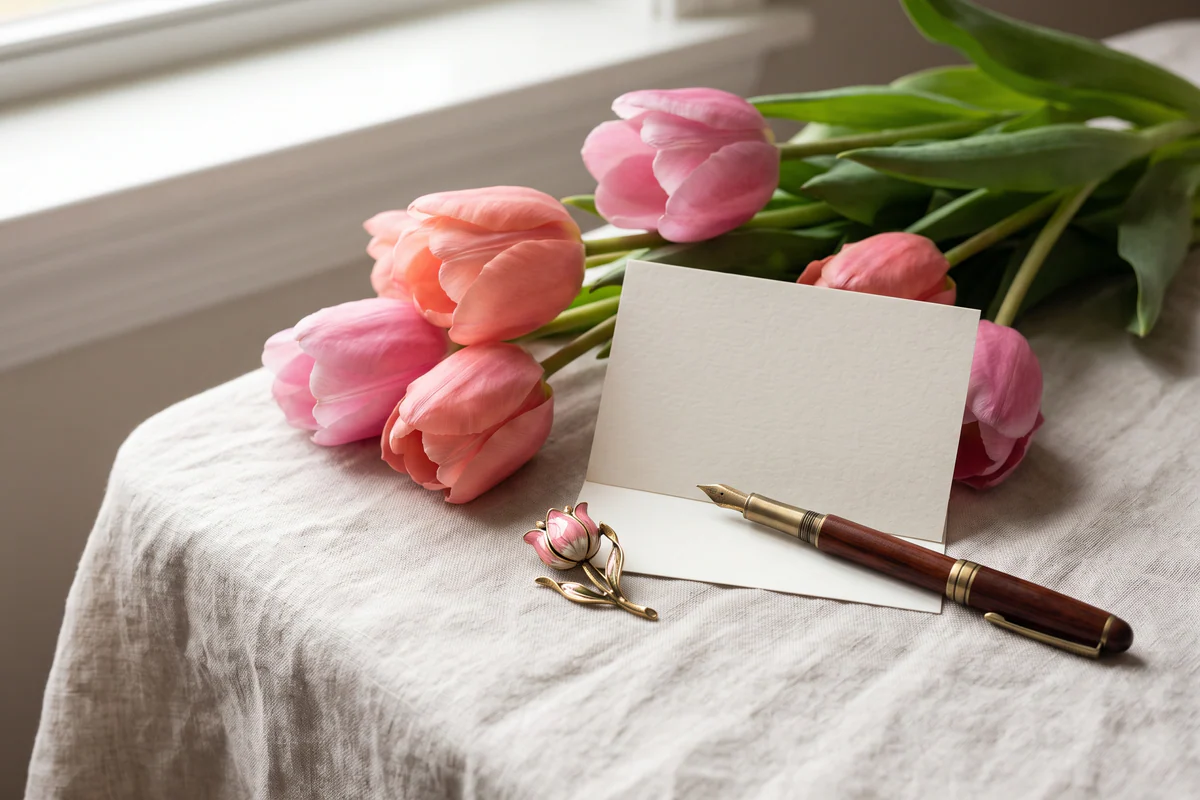 Pink tulips beside a blank gift card on a linen table