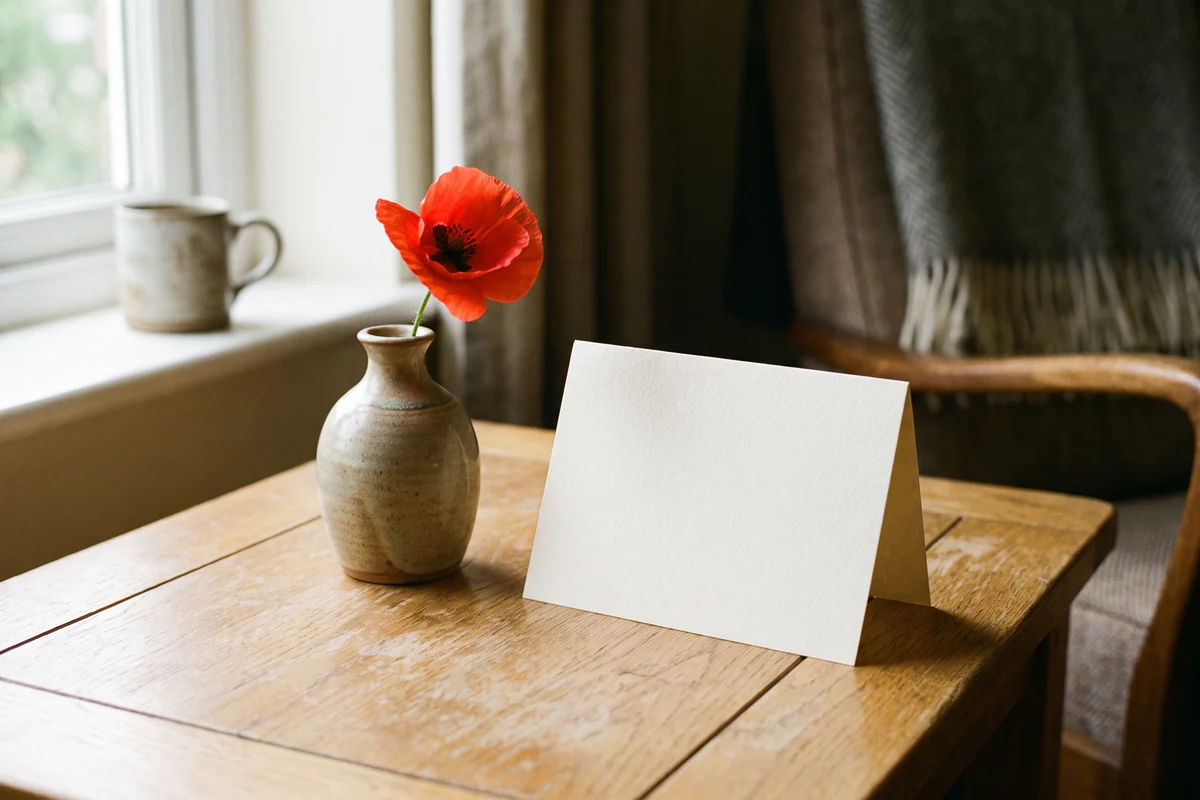 A blank card beside a red poppy in a small vase