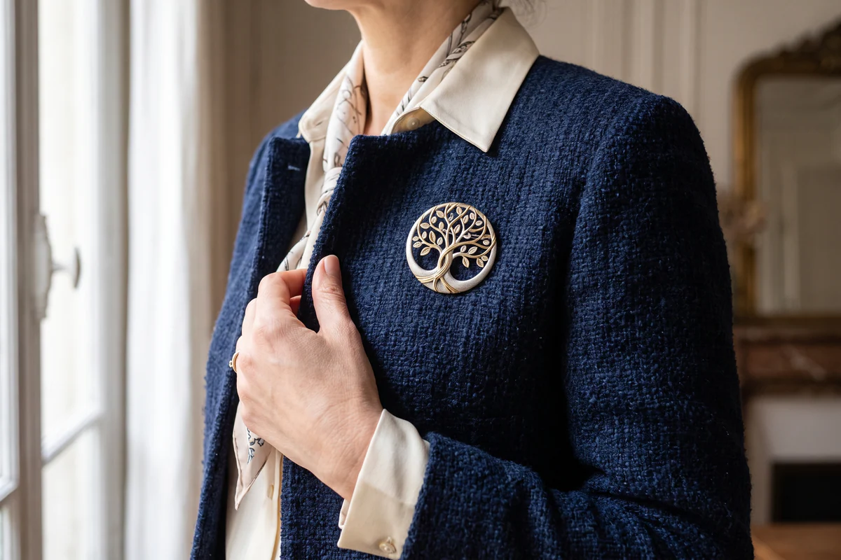 Broche arbre de vie portée sur le revers d’une veste bleu marine