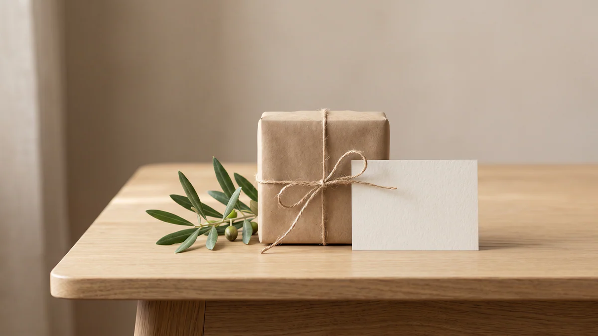 Pequena caixa de presente em papel kraft com ramo de oliveira sobre mesa de madeira