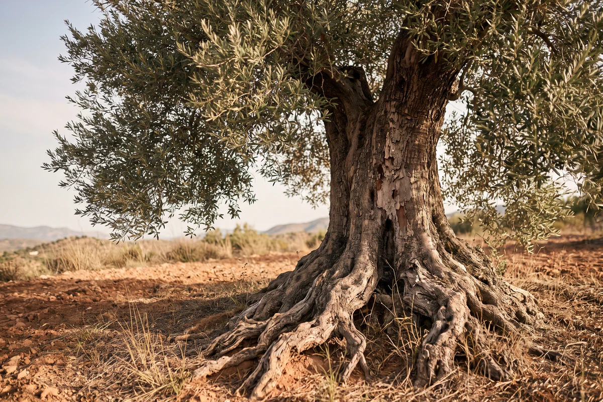 Raíces, tronco y ramas de un árbol mediterráneo vistos desde cerca