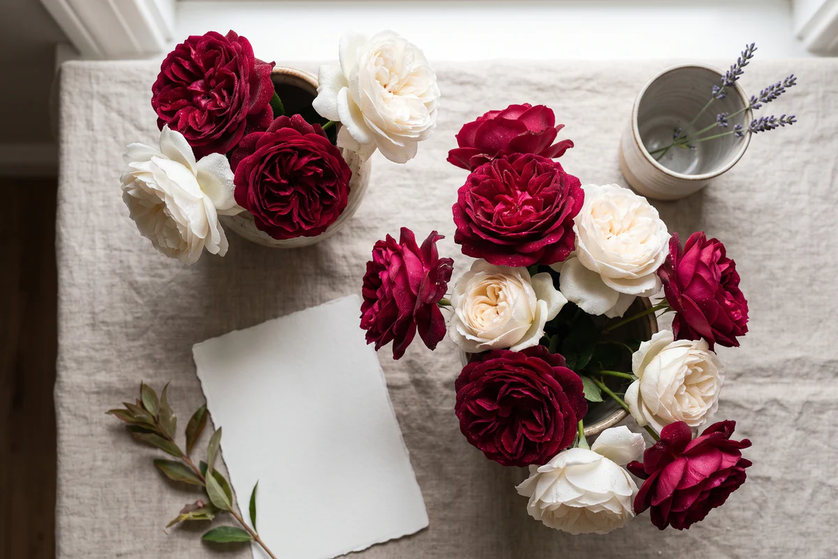 Red and white garden roses arranged beside a blank card