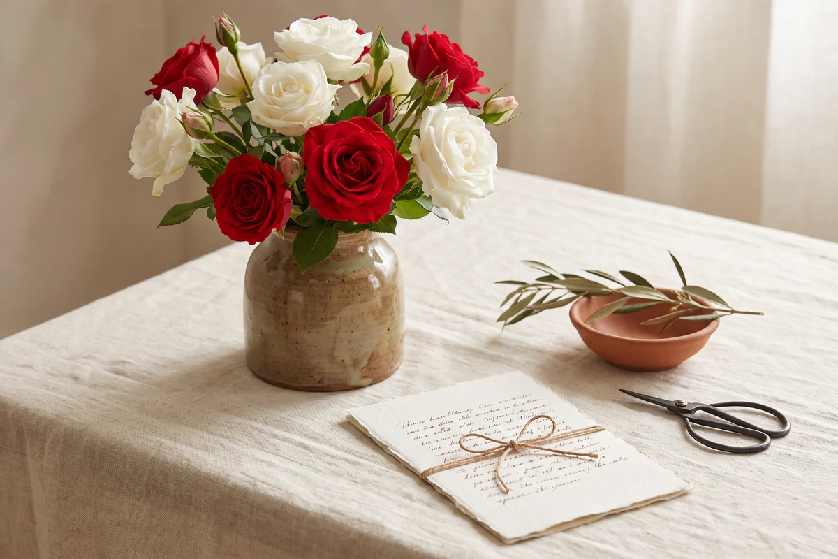 Rosas rojas y blancas junto a una tarjeta en blanco