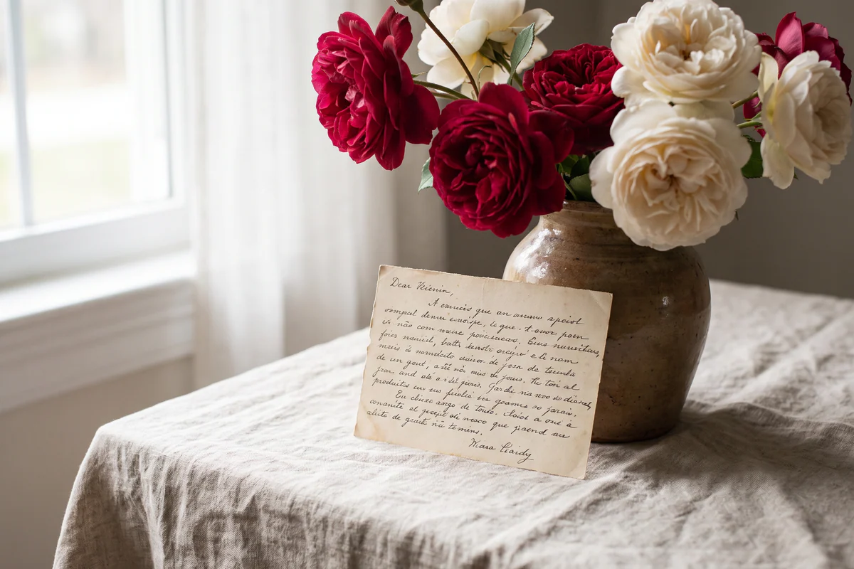 Rosas vermelhas e brancas junto de um cartão sem texto