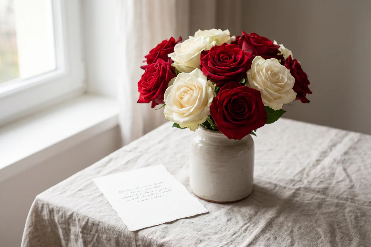 Rose rosse e bianche accanto a un biglietto vuoto