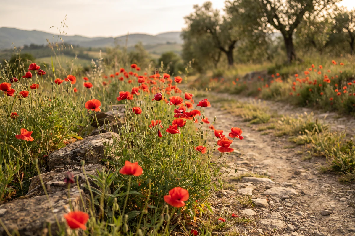 Rosolacci rossi lungo un sentiero di campagna italiano