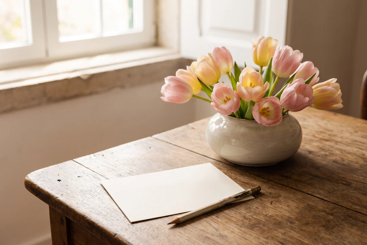 Tulipas rosas e amarelas junto a um cartão branco vazio