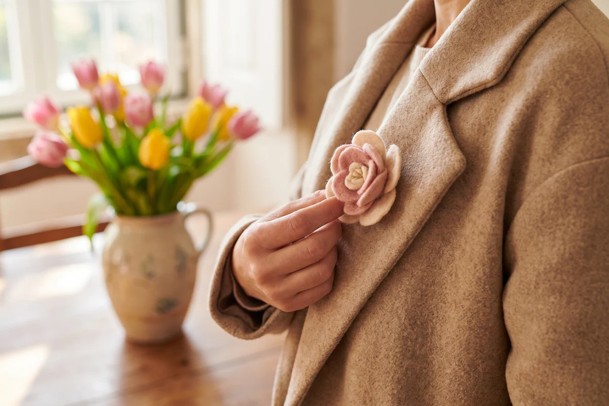 Acessório floral magnético genérico num casaco bege com tulipas ao fundo