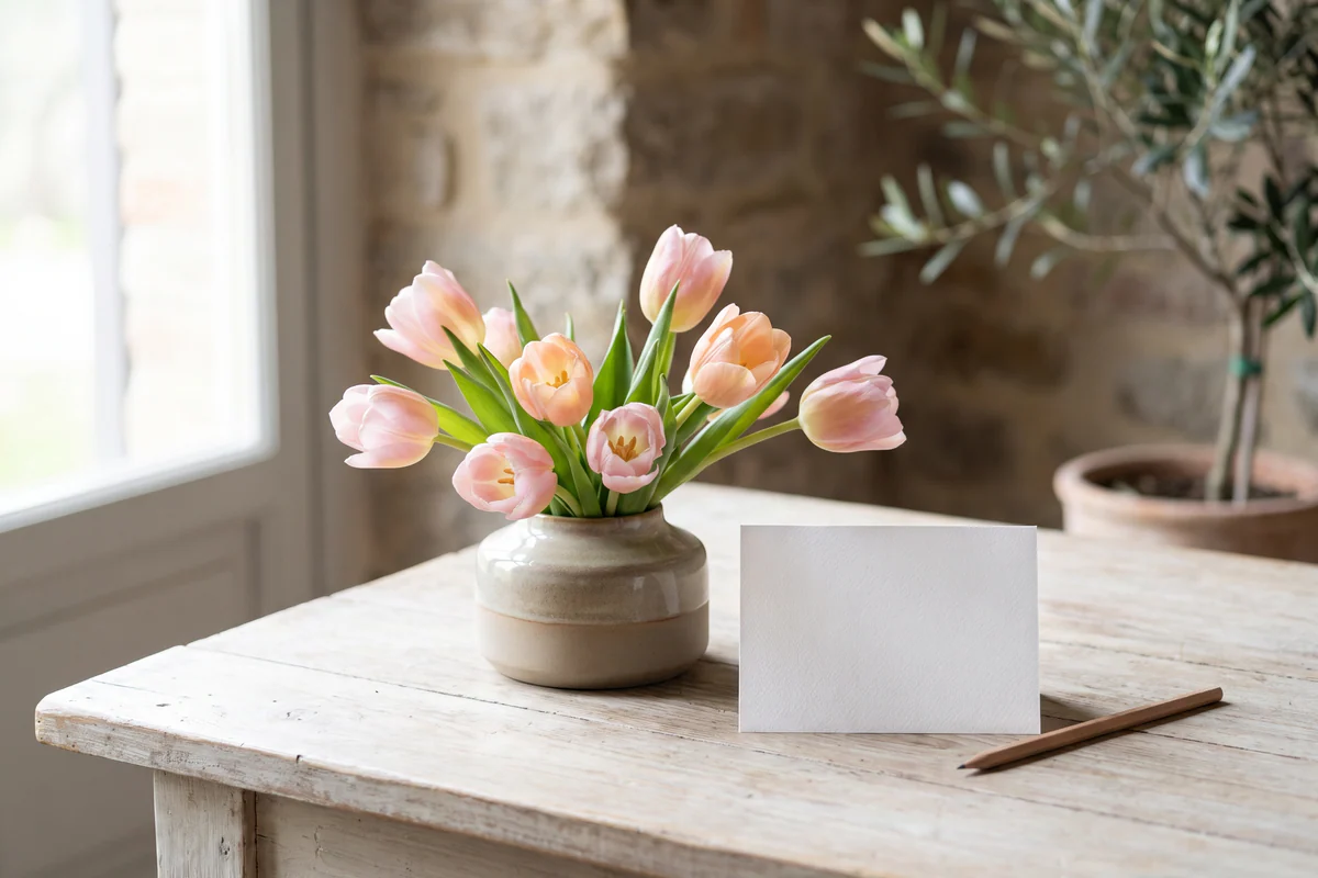 Tulipani rosa e pesca accanto a un biglietto bianco su un tavolo