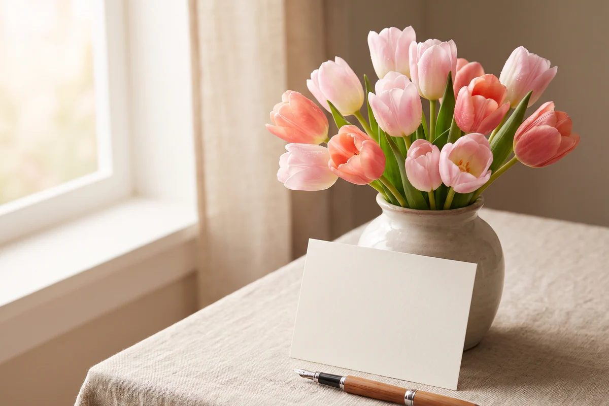 Tulipanes rosas junto a una tarjeta de regalo en blanco sobre lino