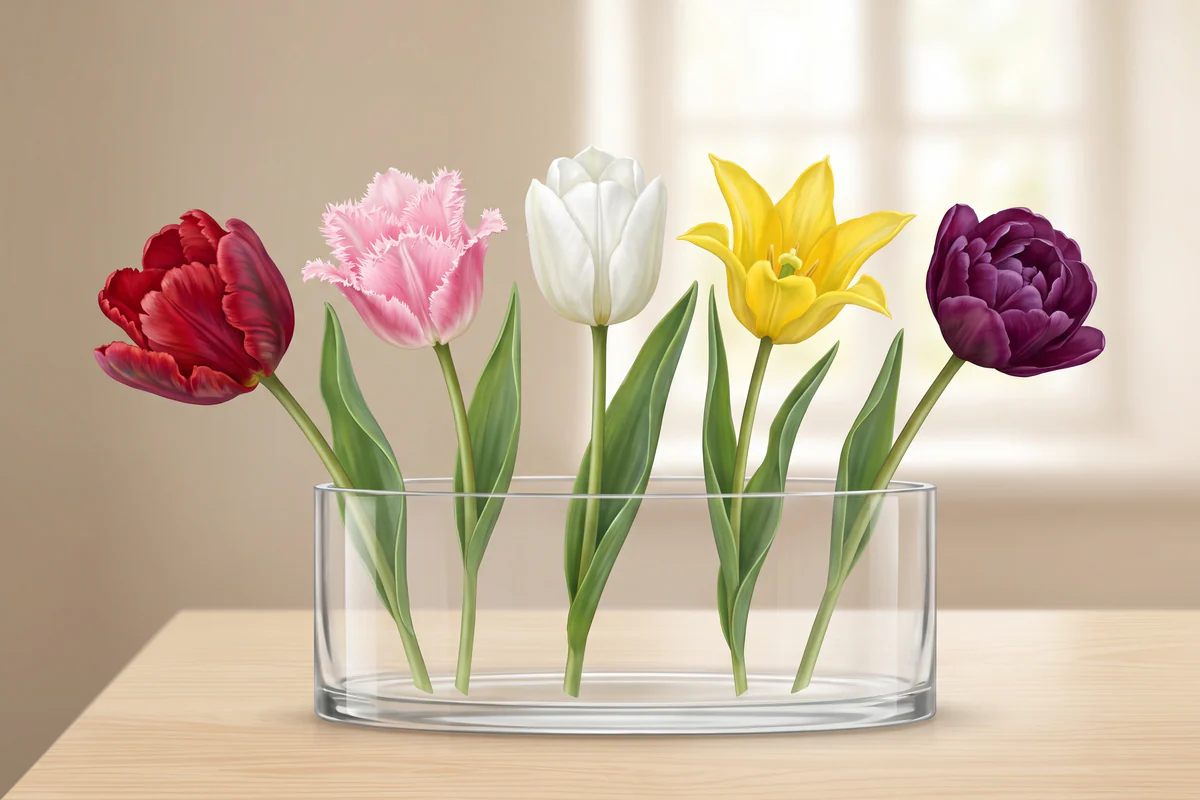Palette de tulipes rouges, roses, blanches, jaunes et violettes