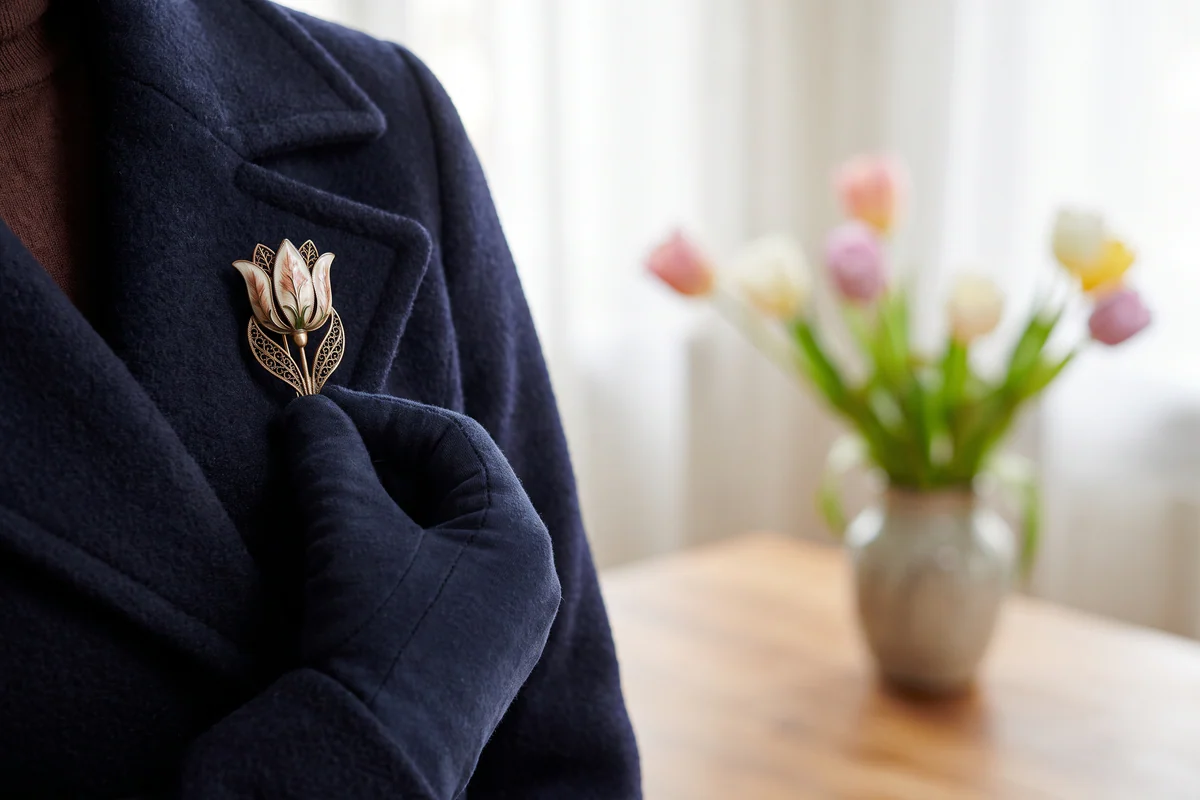 Florales Broschenmotiv auf einem dunkelblauen Mantelrevers