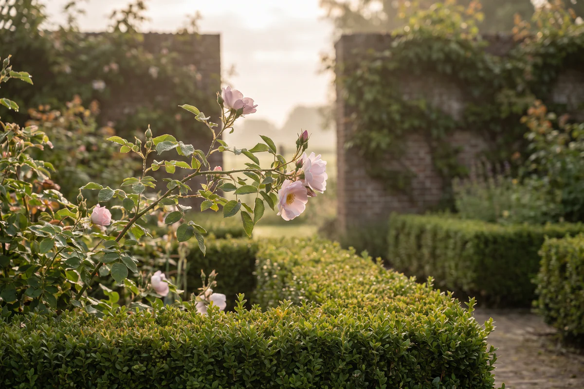 Een wilde roos met lichtroze bloemblaadjes in een Nederlandse tuin