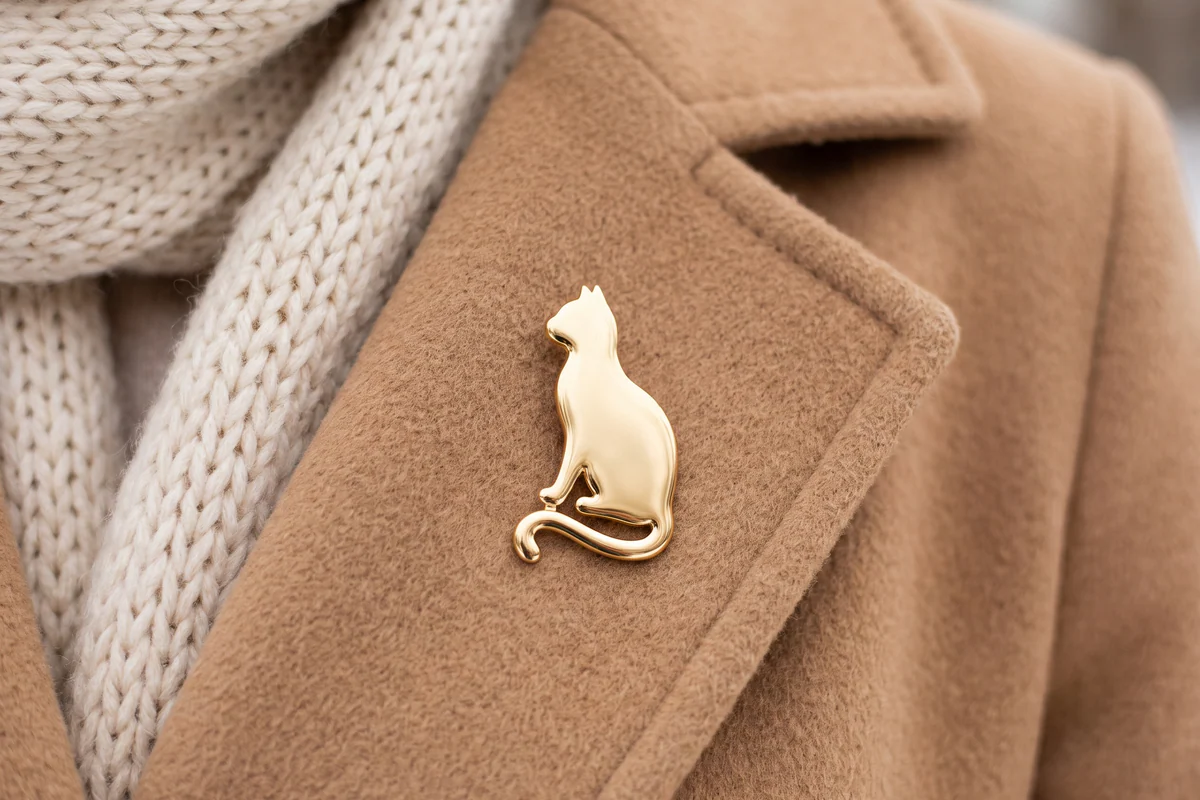 Broche chat assis, lisse et de couleur dorée, portée sur le revers d’un manteau camel, avec une écharpe en maille crème