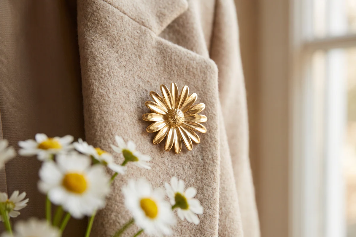 Goldfarbene Margeritenbrosche am Revers einer beigen Jacke