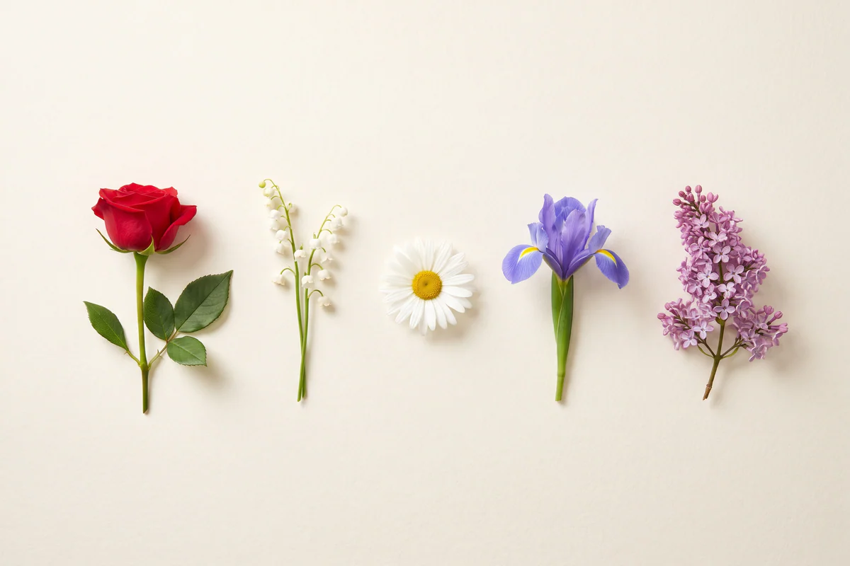 Rote Rose, Maiglöckchen, Margerite, Iris und Fliederzweig nebeneinander, von oben fotografiert