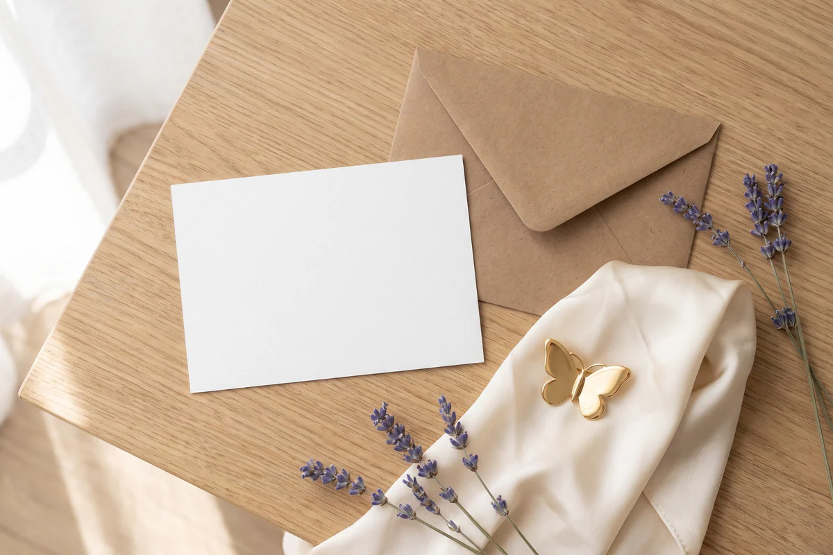 Leere Karte, Umschlag aus Kraftpapier und gefaltetes Seidentuch, auf dem eine kleine goldfarbene Schmetterlingsbrosche liegt