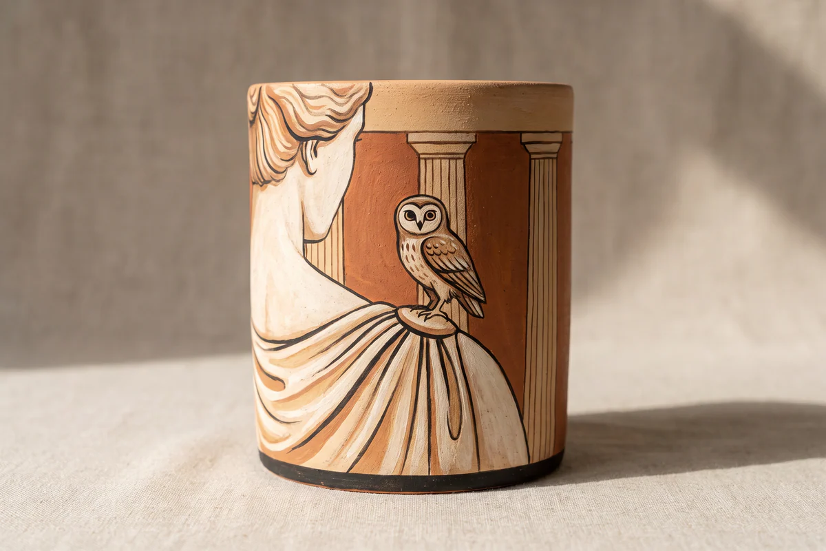 Vase en terre cuite peint : petite chouette sur l'épaule d'une femme vue de dos, colonnes, création originale