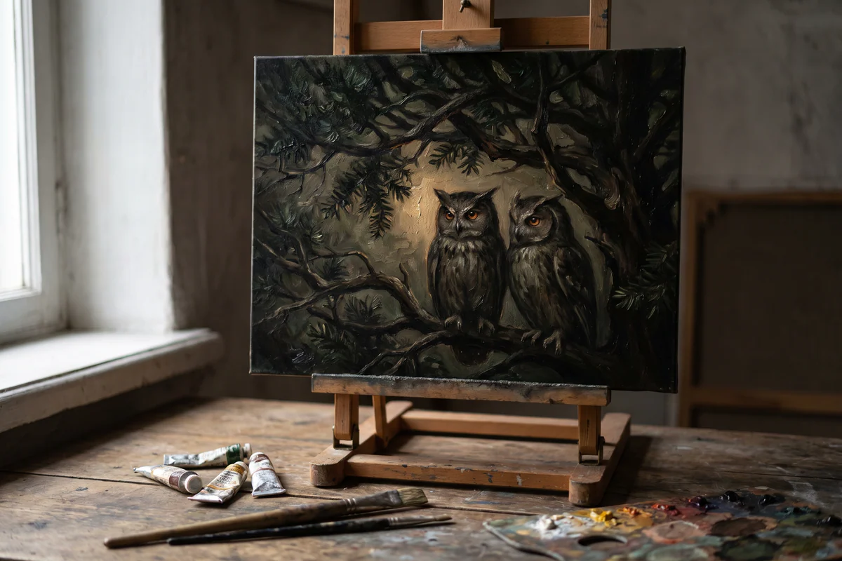 Toile sur un chevalet : deux hiboux aux aigrettes perchés sous un feuillage sombre, peinture originale