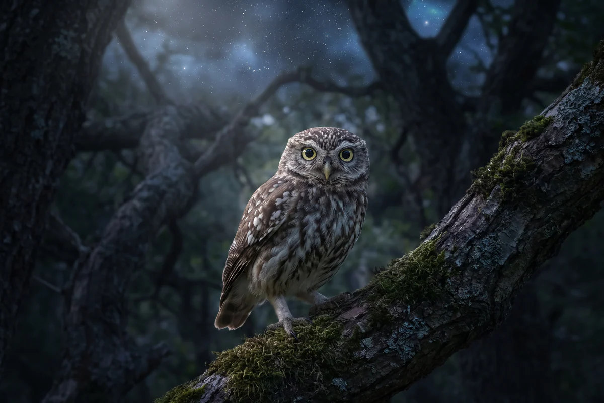 Chouette chevêche de face, grands yeux ronds, perchée de nuit sur une branche